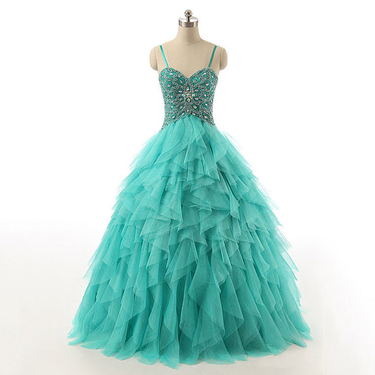 Spaghetti Straps Lace-up Beaded Long Prom Dress, Crystal Turquoise Ball ...