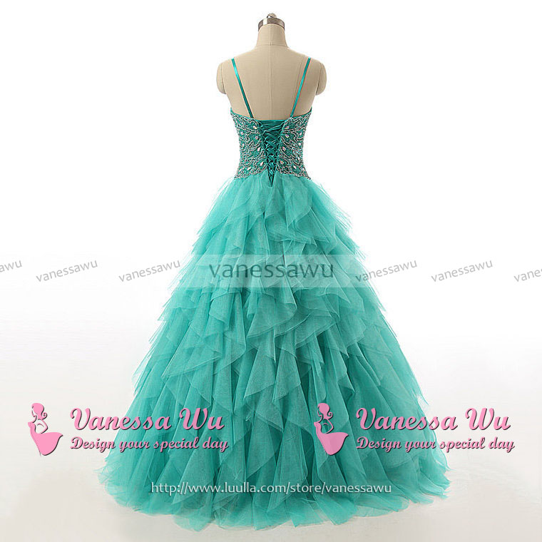 Spaghetti Straps Laceup Beaded Long Prom Dress, Crystal Turquoise Ball